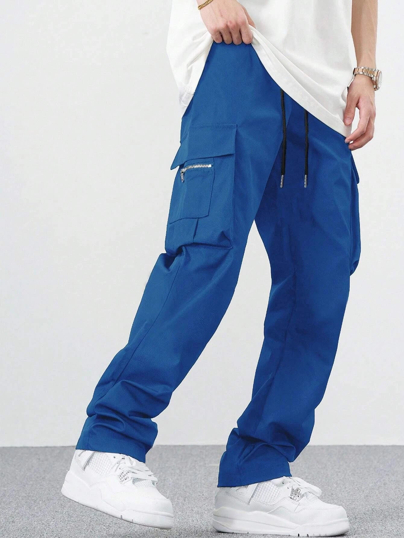 Manfinity EMRG Loose Men'S Cargo Pants with Drawstring Waist Baggy Long Plain Black Going Out