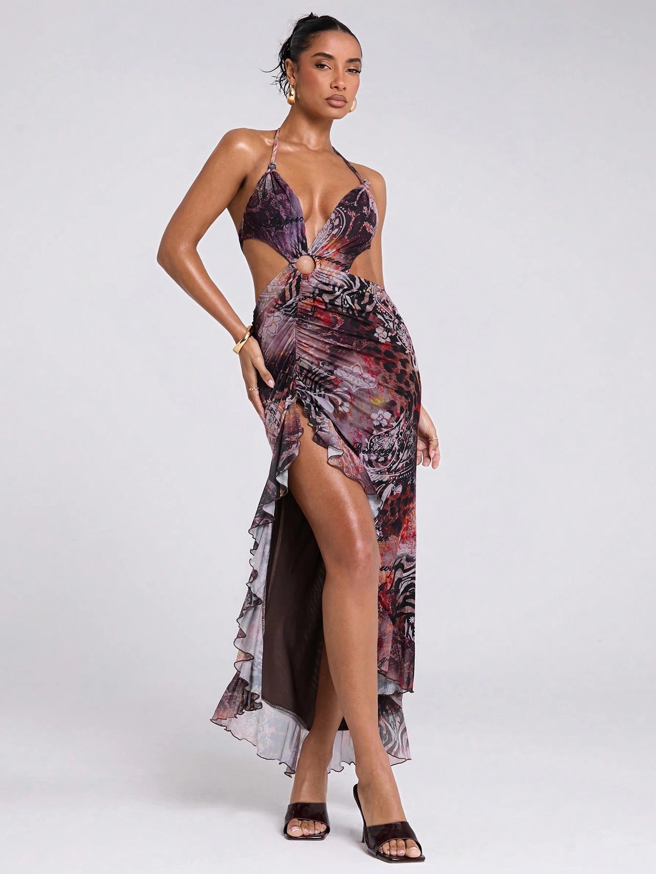 SHEIN BAE Hollow Out Random Printed High Slit Ruffle Hem Dress,Sun Dress