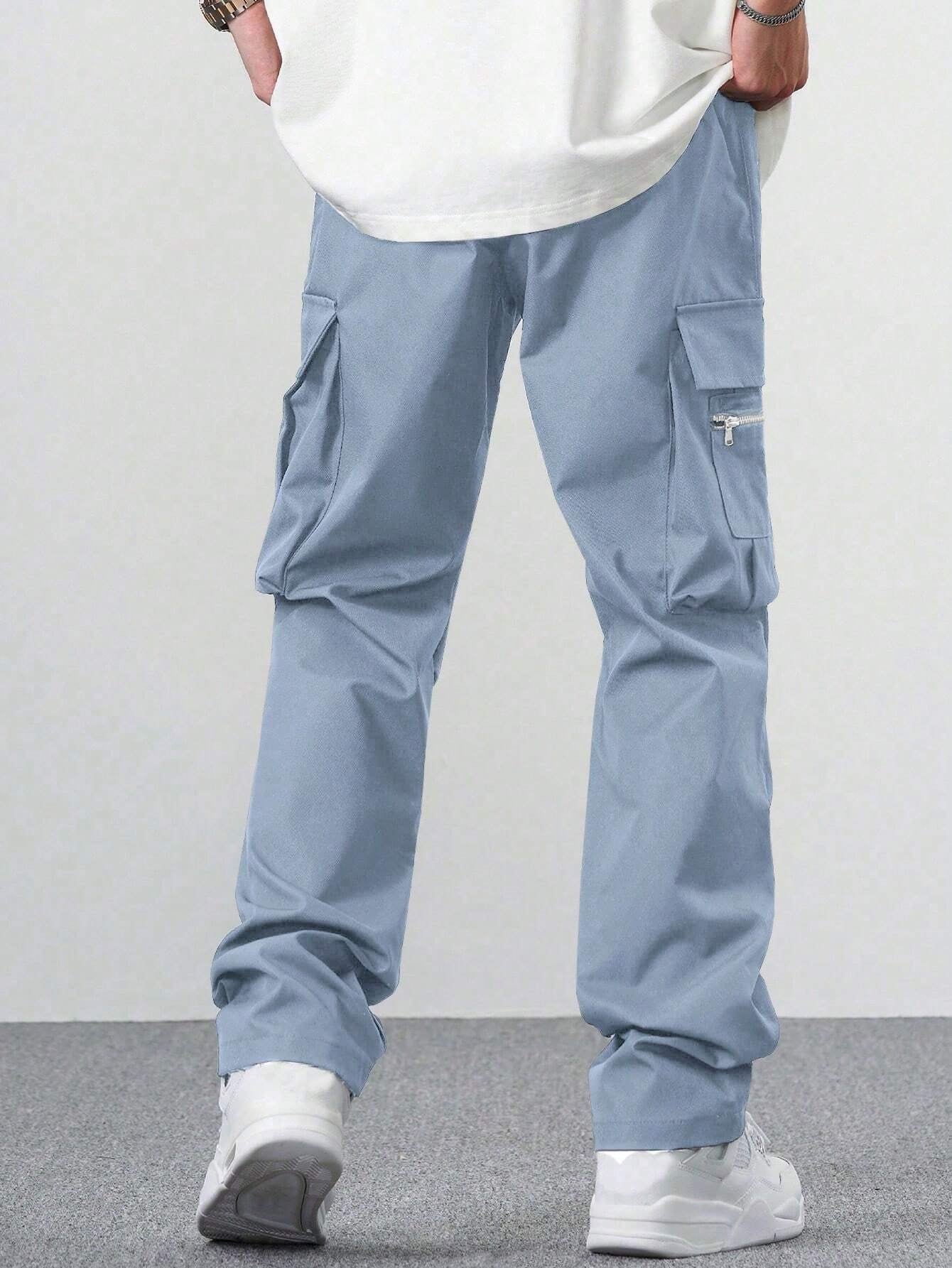 Manfinity EMRG Loose Men'S Cargo Pants with Drawstring Waist Baggy Long Plain Black Going Out