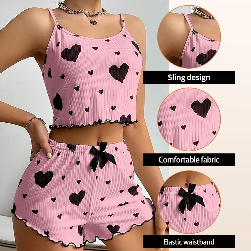 Women's Pajamas Set Sleepwear 2 PCS Short Tank Tops and Shorts S M L White Ventilate Soft Casual Love Printing
