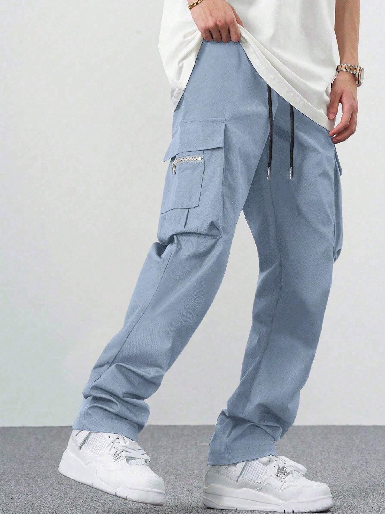 Manfinity EMRG Loose Men'S Cargo Pants with Drawstring Waist Baggy Long Plain Black Going Out