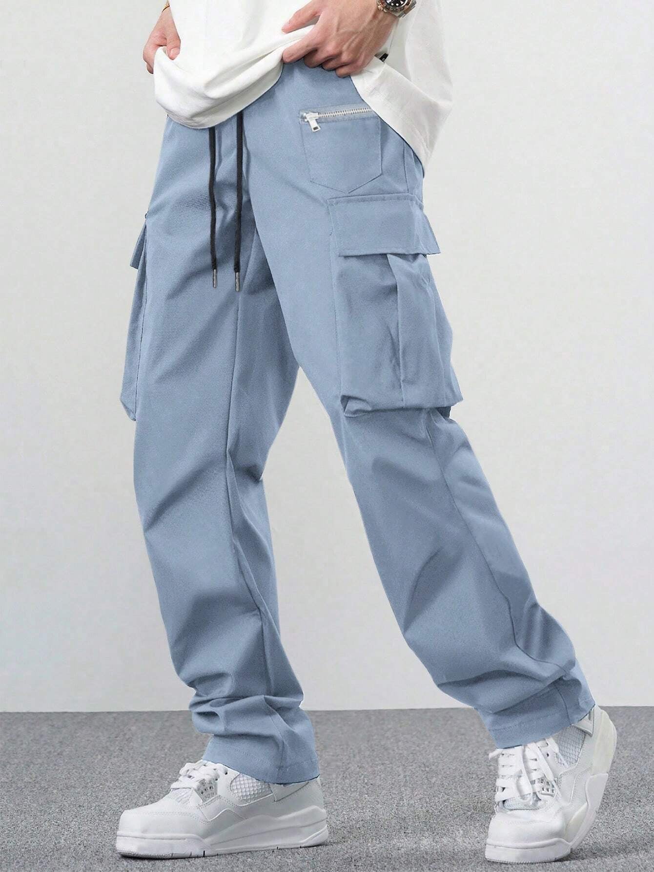 Manfinity EMRG Loose Men'S Cargo Pants with Drawstring Waist Baggy Long Plain Black Going Out