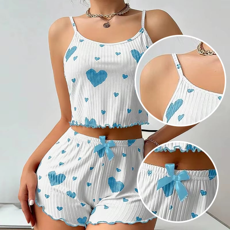 Women's Pajamas Set Sleepwear 2 PCS Short Tank Tops and Shorts S M L White Ventilate Soft Casual Love Printing