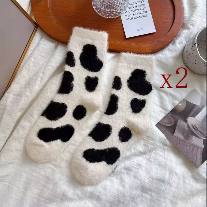 2 Pairs Cute Cow Spots Print Socks, Thickened & Warm Coral Fleece Socks, Women's Stockings & Hosiery