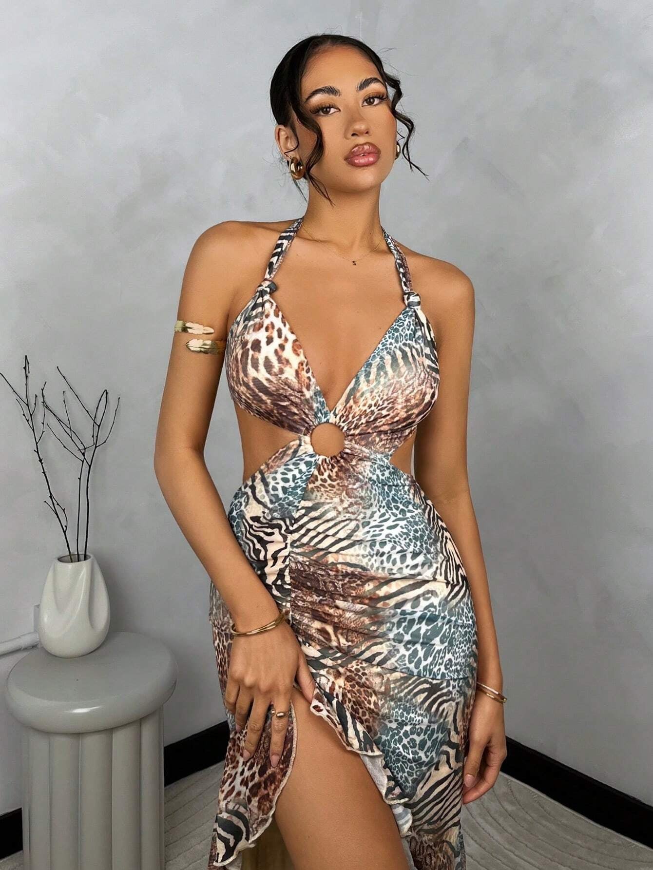 SHEIN BAE Hollow Out Random Printed High Slit Ruffle Hem Dress,Sun Dress