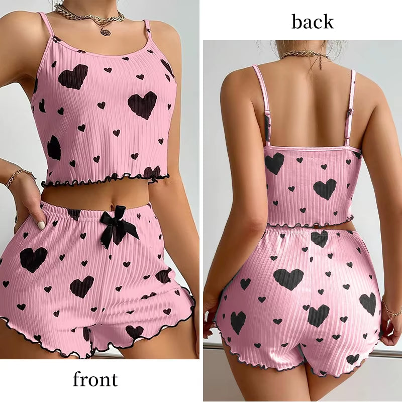 Women's Pajamas Set Sleepwear 2 PCS Short Tank Tops and Shorts S M L White Ventilate Soft Casual Love Printing