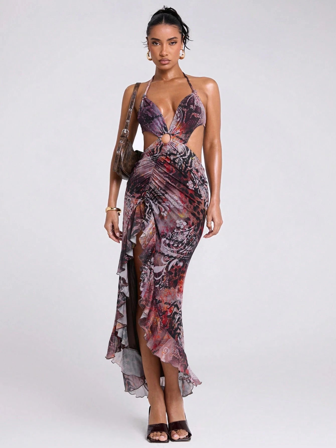 SHEIN BAE Hollow Out Random Printed High Slit Ruffle Hem Dress,Sun Dress