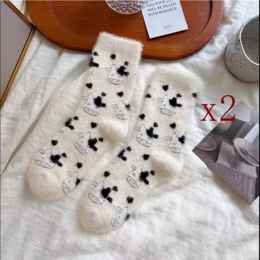 2 Pairs Cute Cow Spots Print Socks, Thickened & Warm Coral Fleece Socks, Women's Stockings & Hosiery