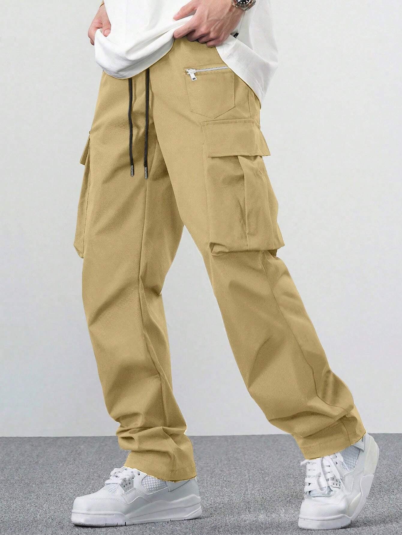 Manfinity EMRG Loose Men'S Cargo Pants with Drawstring Waist Baggy Long Plain Black Going Out