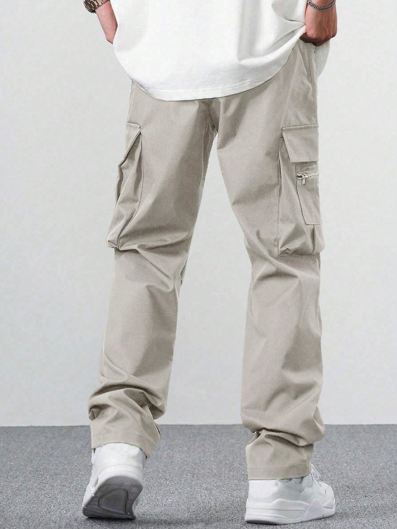Manfinity EMRG Loose Men'S Cargo Pants with Drawstring Waist Baggy Long Plain Black Going Out