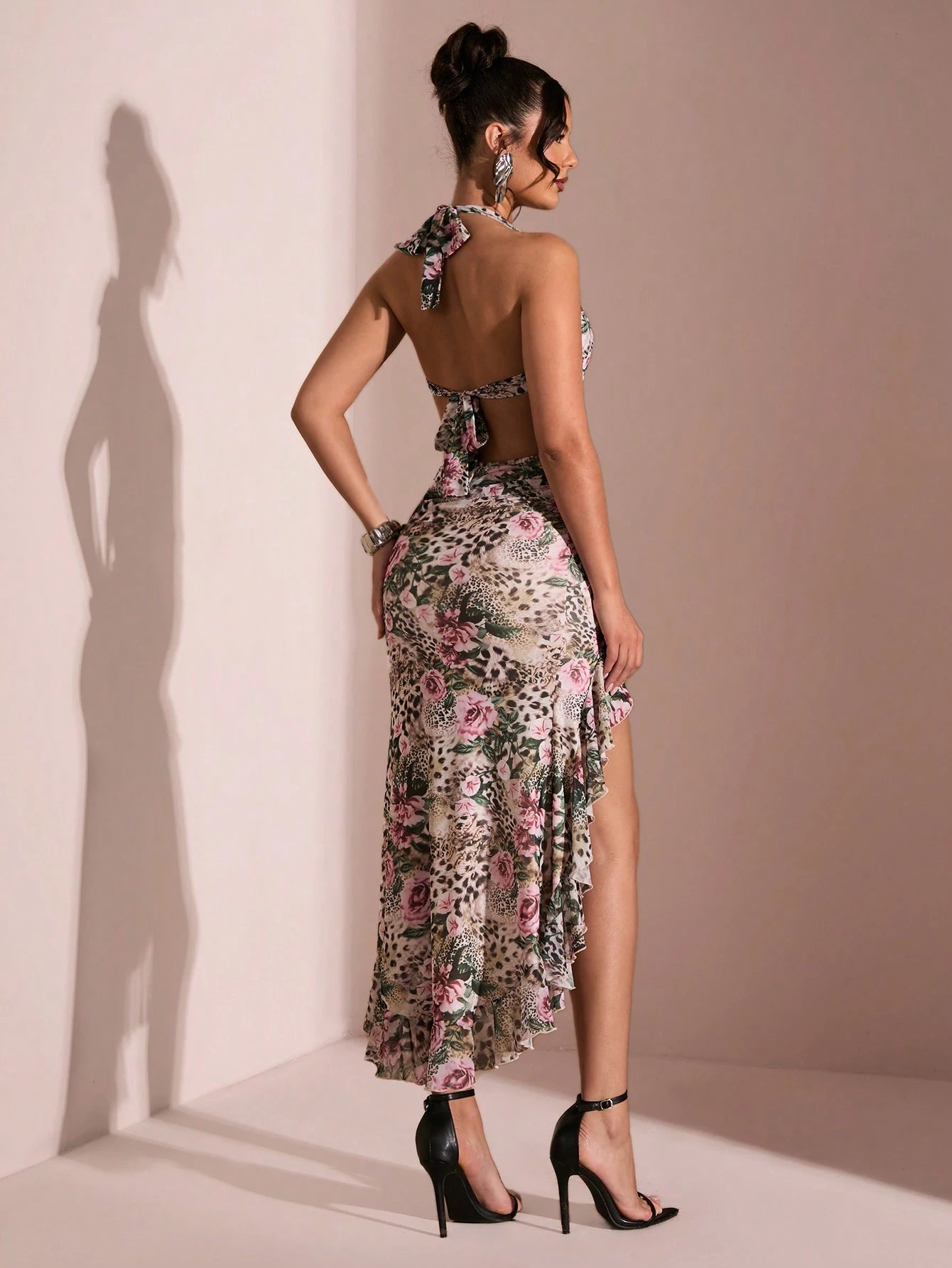 SHEIN BAE Hollow Out Random Printed High Slit Ruffle Hem Dress,Sun Dress