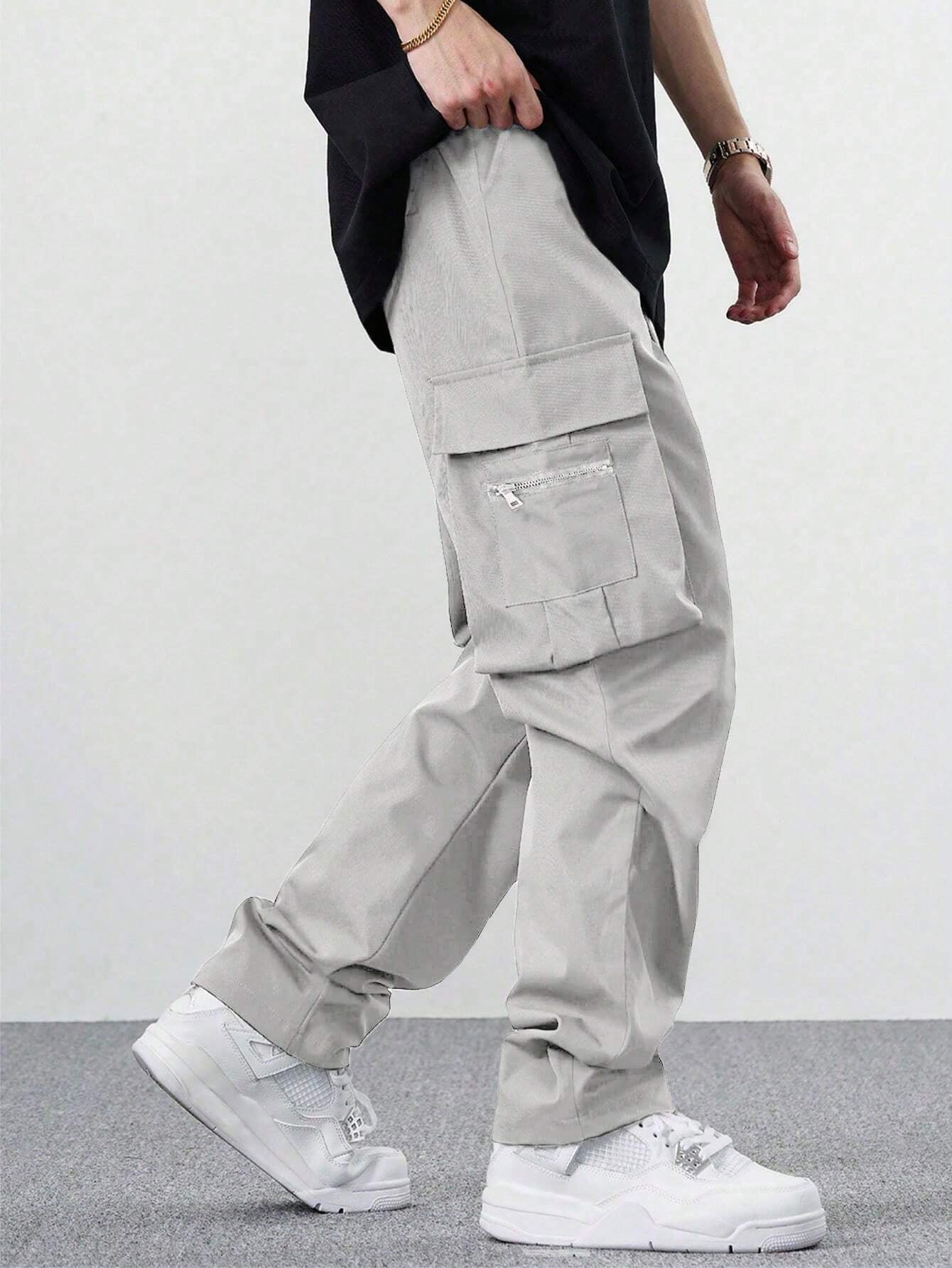Manfinity EMRG Loose Men'S Cargo Pants with Drawstring Waist Baggy Long Plain Black Going Out