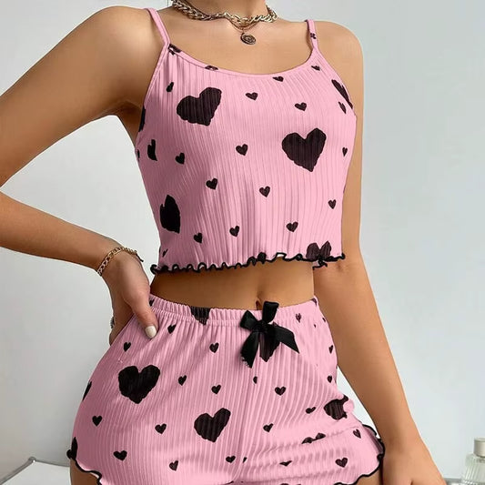 Women's Pajamas Set Sleepwear 2 PCS Short Tank Tops and Shorts S M L White Ventilate Soft Casual Love Printing