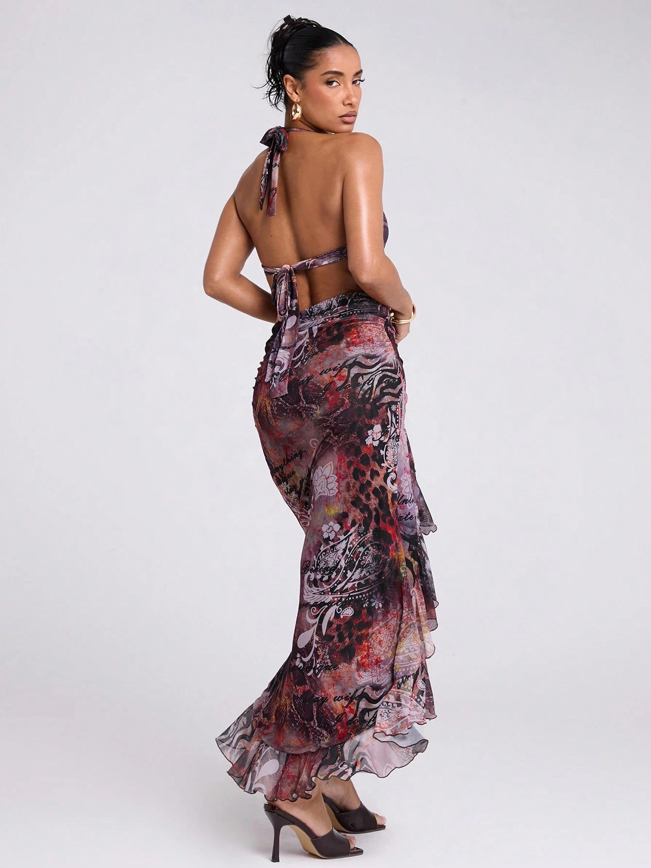 SHEIN BAE Hollow Out Random Printed High Slit Ruffle Hem Dress,Sun Dress
