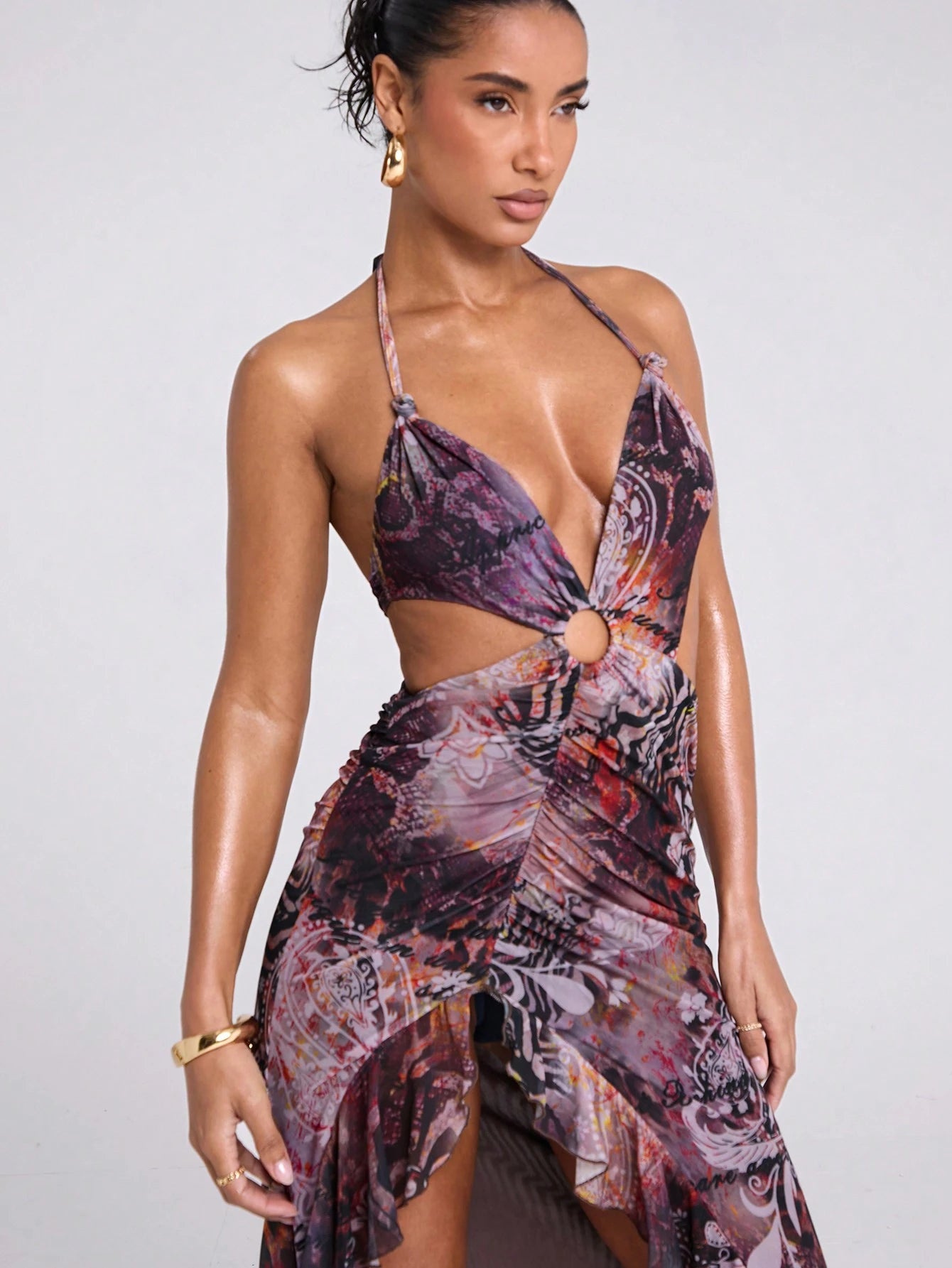 SHEIN BAE Hollow Out Random Printed High Slit Ruffle Hem Dress,Sun Dress