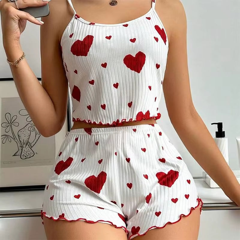Women's Pajamas Set Sleepwear 2 PCS Short Tank Tops and Shorts S M L White Ventilate Soft Casual Love Printing