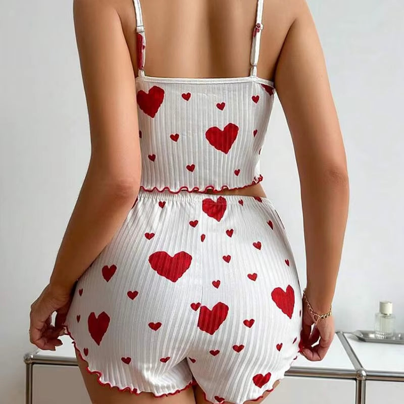 Women's Pajamas Set Sleepwear 2 PCS Short Tank Tops and Shorts S M L White Ventilate Soft Casual Love Printing
