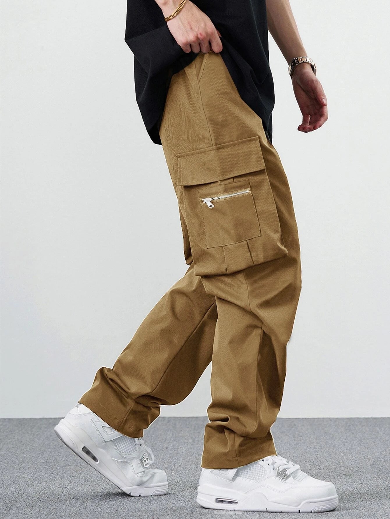 Manfinity EMRG Loose Men'S Cargo Pants with Drawstring Waist Baggy Long Plain Black Going Out